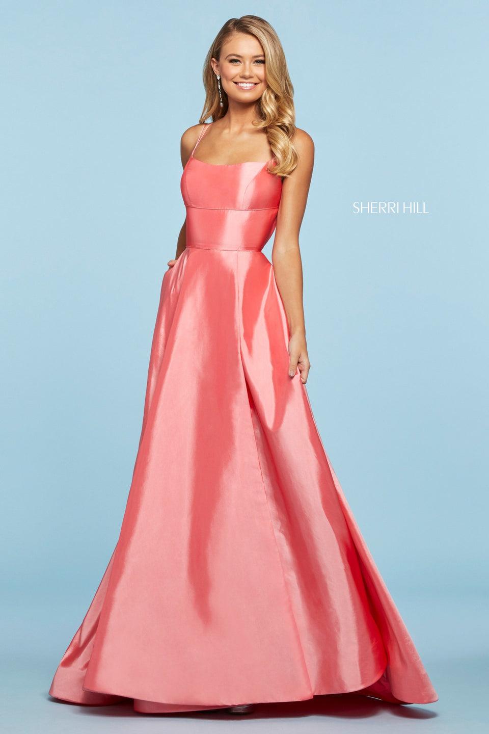 Sherri Hill Taffeta A-line Dress With Skirt Slit Straight Neckline Spaghetti Straps And Strappy Open Back