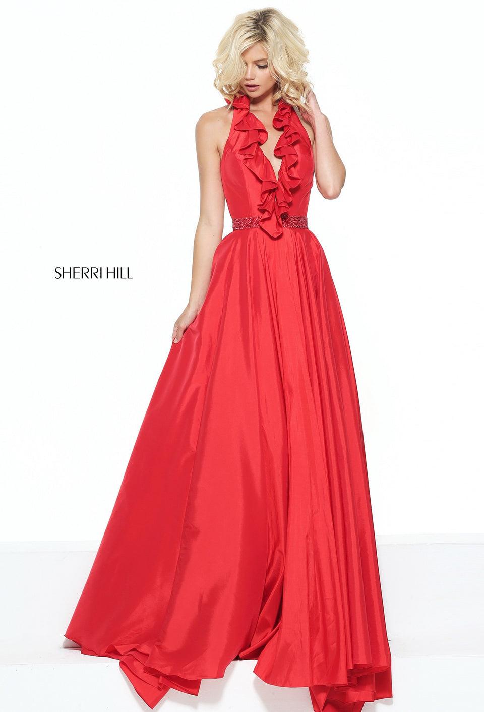 sherri hill Taffeta A-line gown with a halter ruffle bodice and a beaded waist band