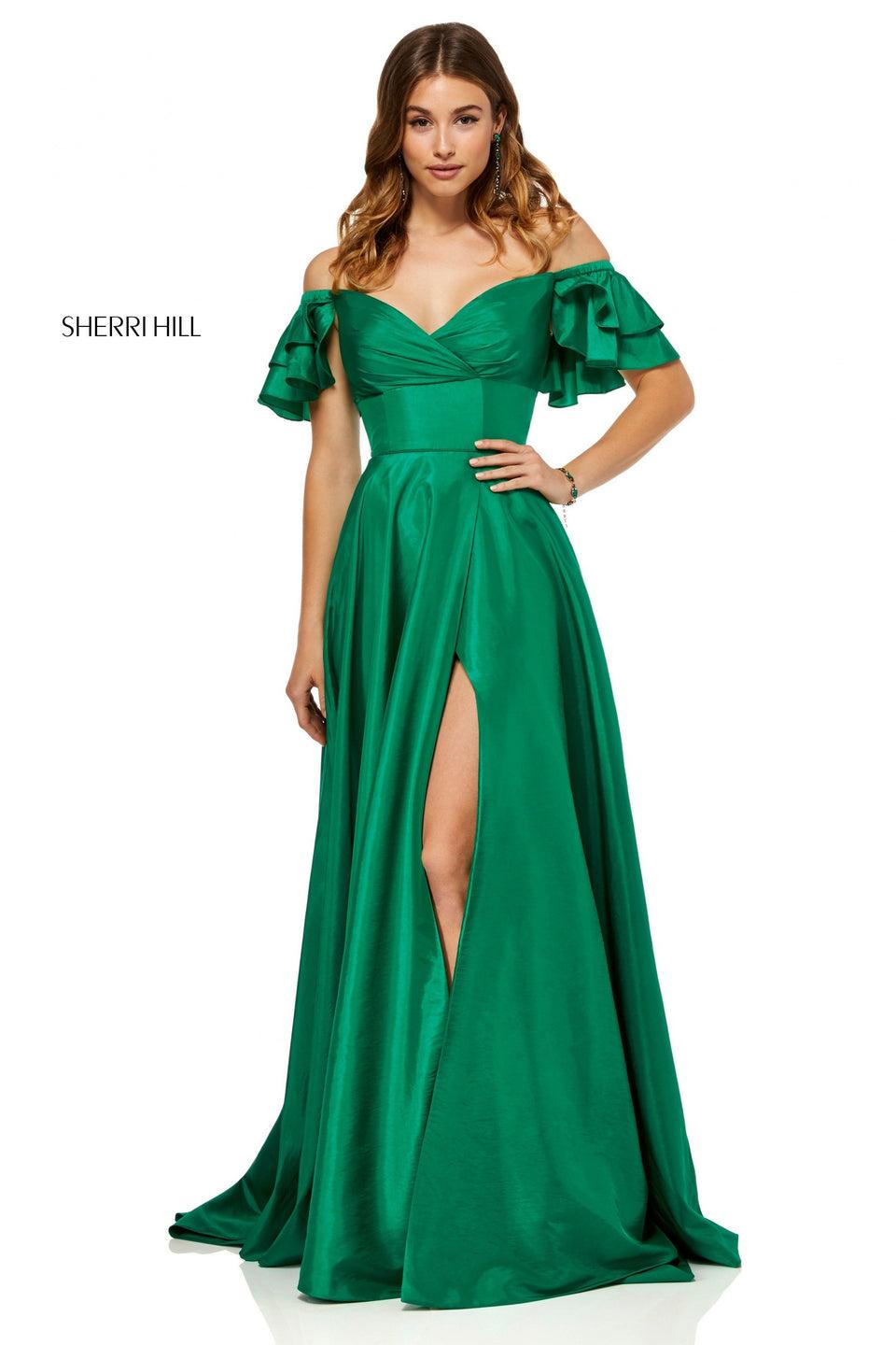 Sherri Hill Taffeta A-line Gown With A Ruffle Off The Shoulder Bodice