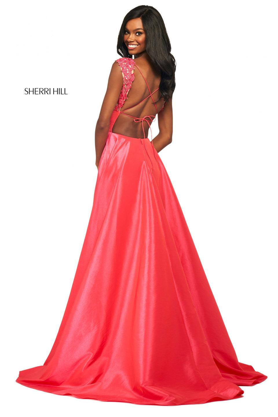 Sherri Hill Taffeta A-line Gown With Beaded Lace Plunging Neckline Bodice And Open Lace Up Back
