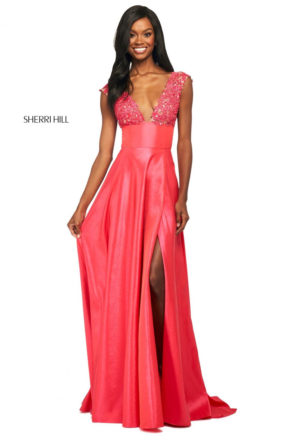 Sherri Hill Taffeta A-line Gown With Beaded Lace Plunging Neckline Bodice And Open Lace Up Back