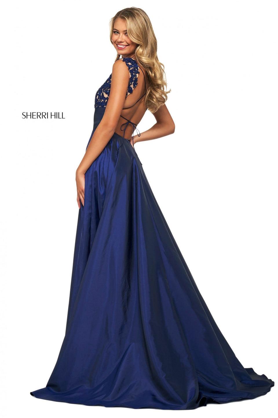 Sherri Hill Taffeta A-line Gown With Beaded Lace Plunging Neckline Bodice And Open Lace Up Back