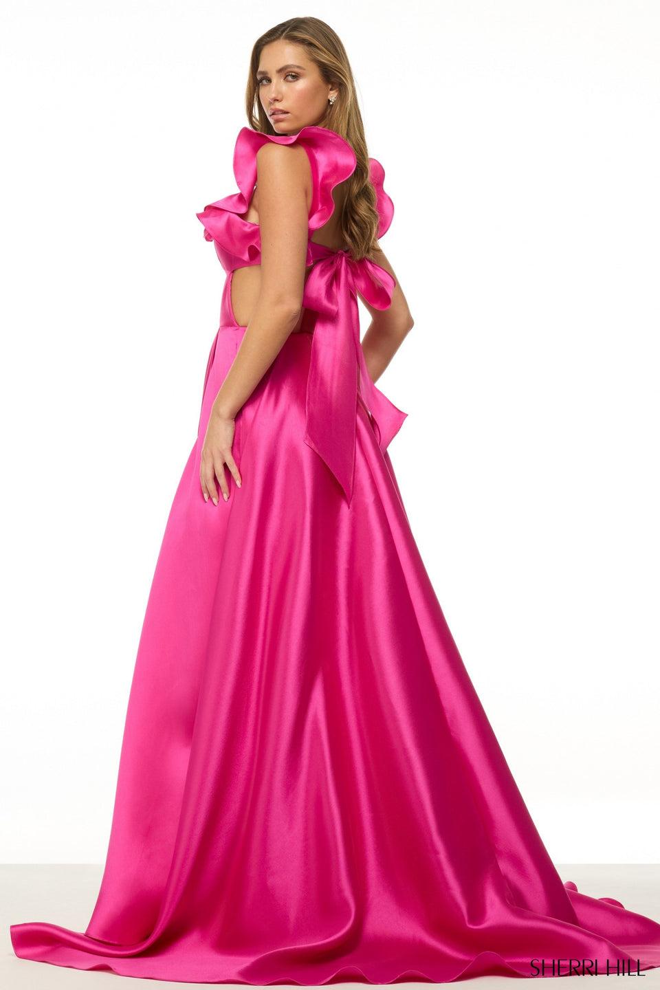 Sherri Hill Taffeta A-Line Gown With Ruffle Neckline Open Bow Back And Skirt Slit