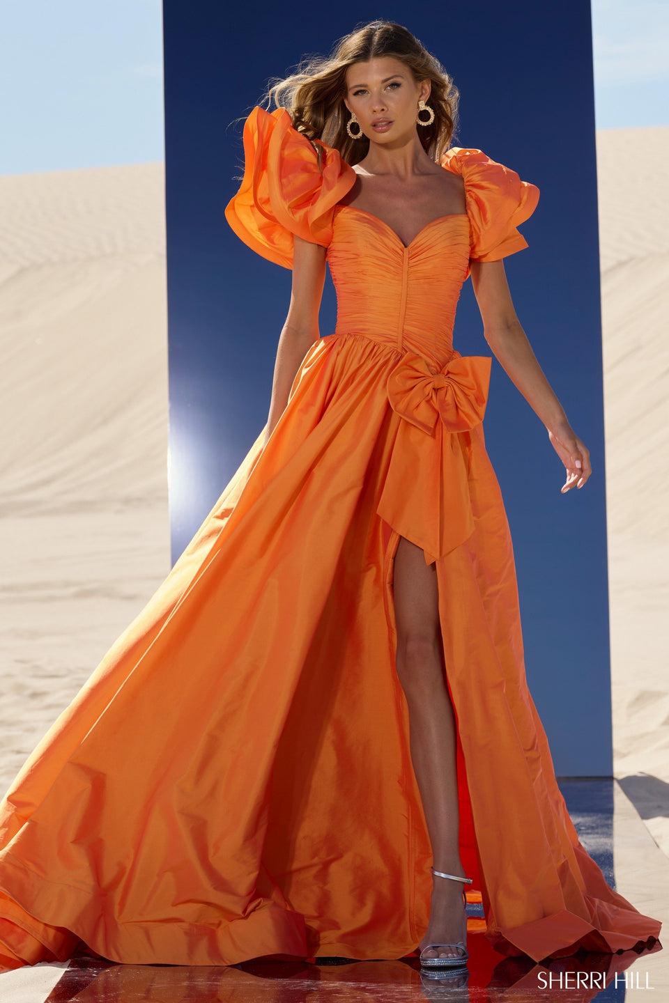 Sherri Hill Taffeta A-line Gown With Ruffle Sleeves And Bow On Basque Waist