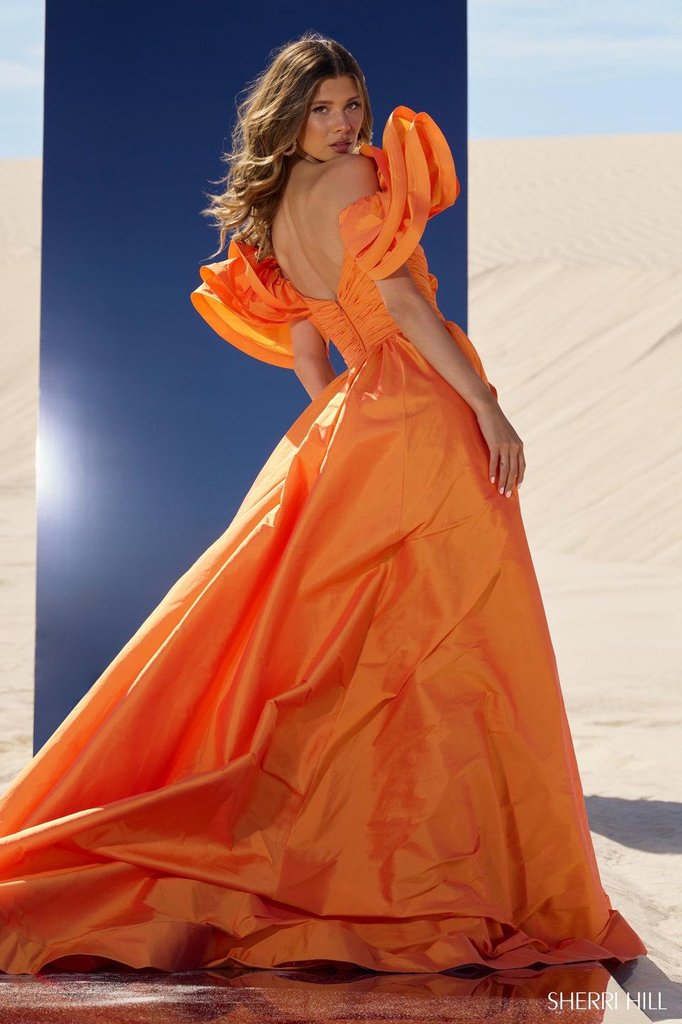 Sherri Hill Taffeta A-line Gown With Ruffle Sleeves And Bow On Basque Waist