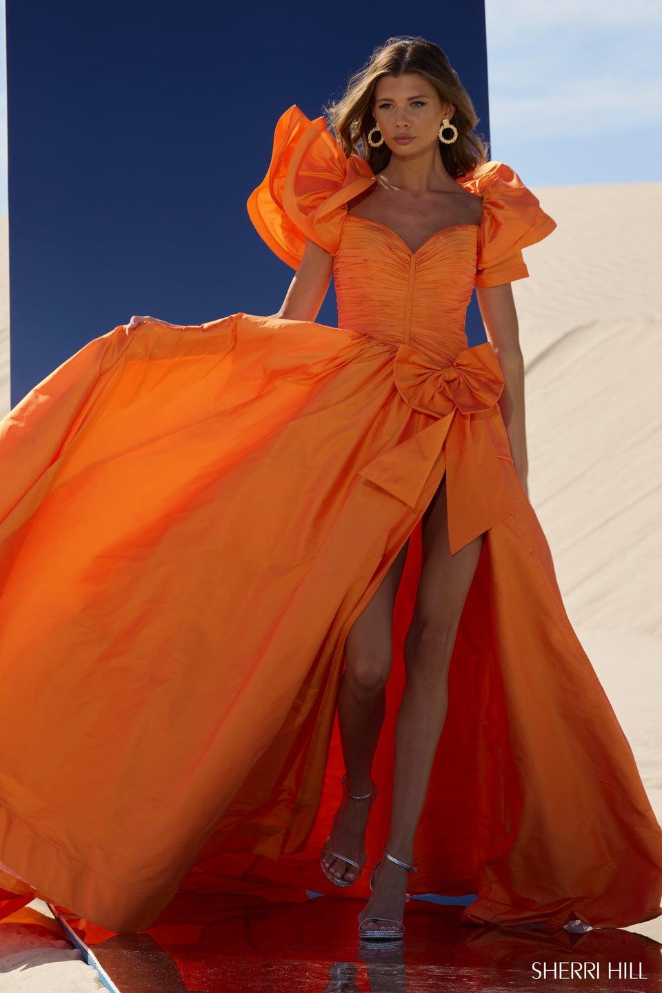 sherri hill Taffeta A-line gown with ruffle sleeves and bow on basque waist