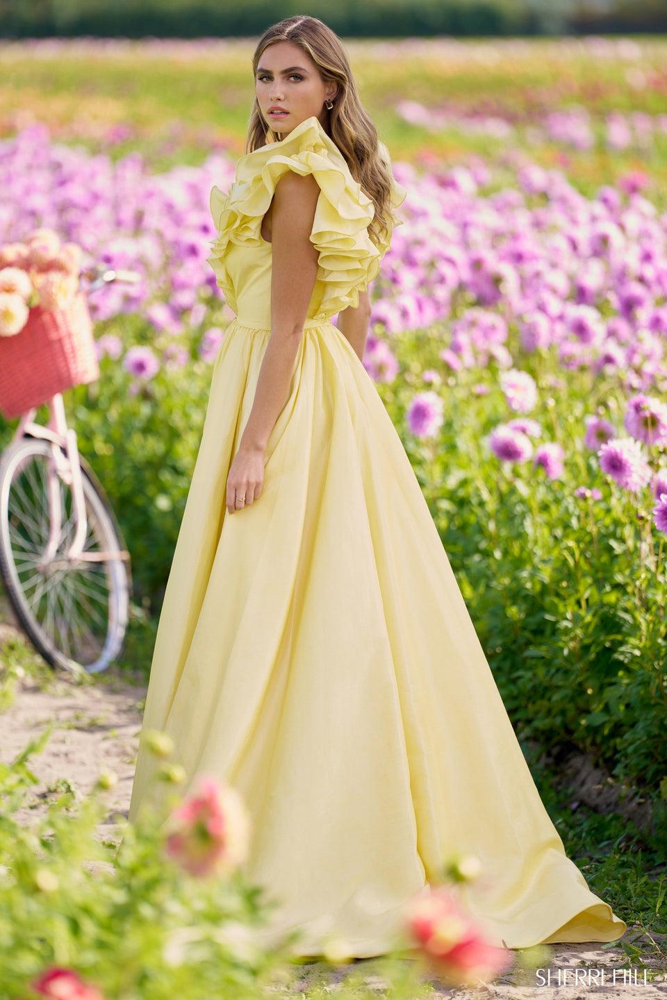 Sherri Hill Taffeta A-line Gown With Skirt Slit And Ruffle Neckline