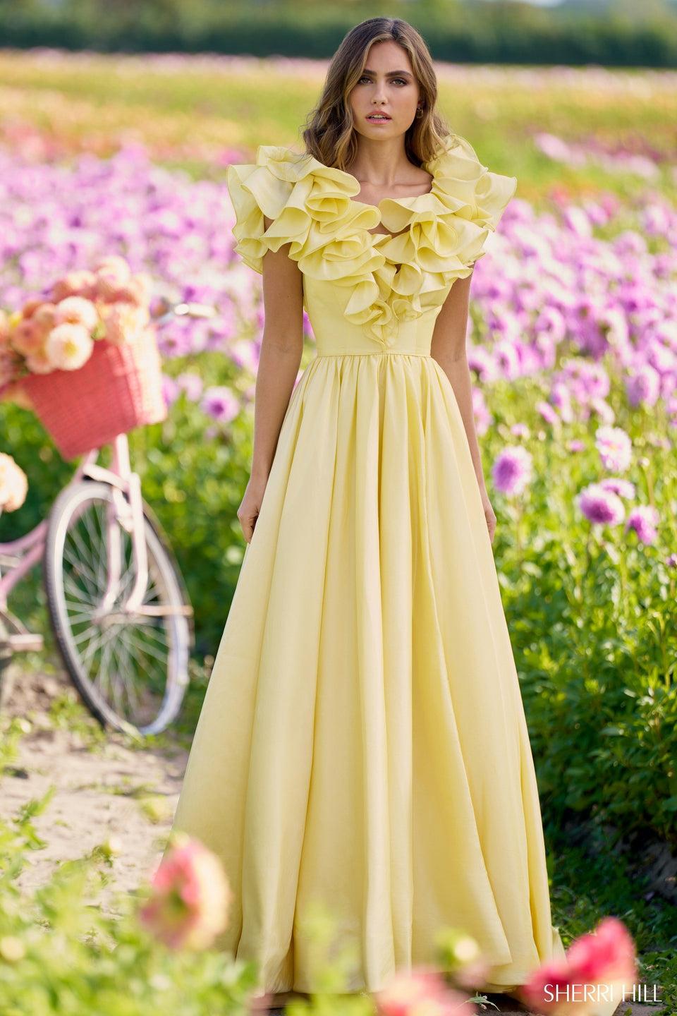 sherri hill Taffeta A-line gown with skirt slit and ruffle neckline sherri hill Taffeta A-line gown with skirt slit and ruffle neckline