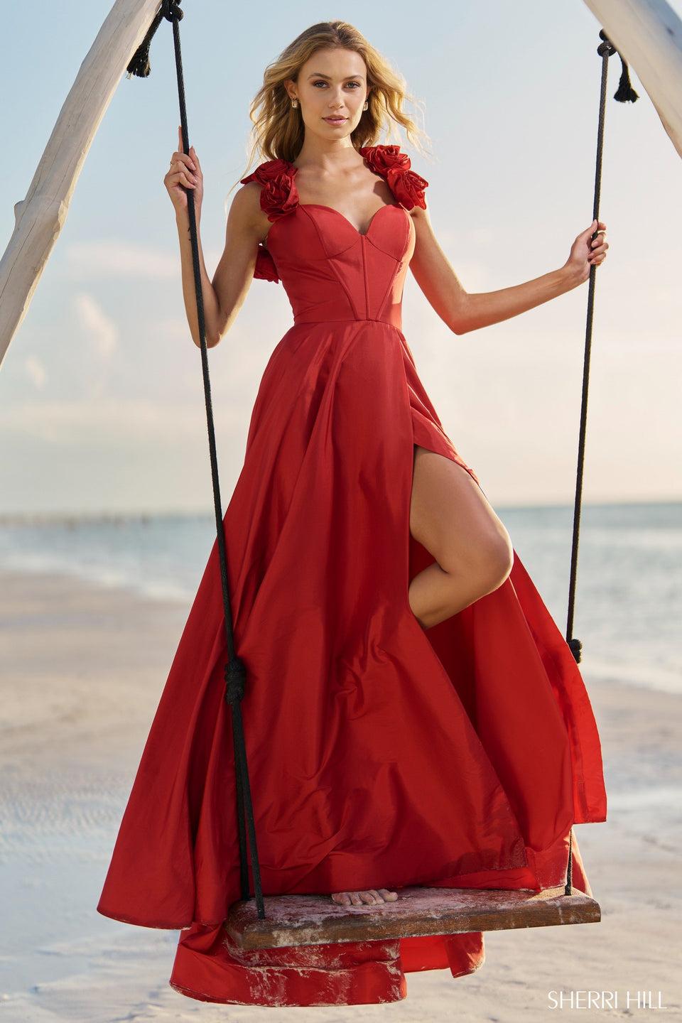 Sherri Hill Taffeta A-line Gown With Skirt Slit Rosette Embellished Straps Corset And Lace Up Back