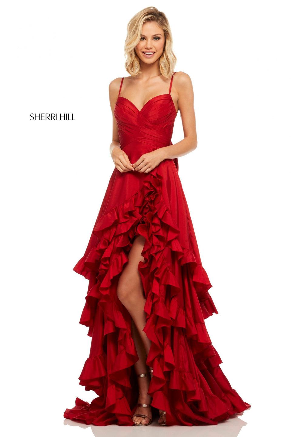 Sherri Hill Taffeta A-line With Ruched Bodice And Layered Ruffle Front Slit