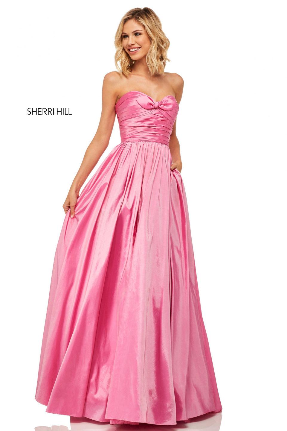 sherri hill Taffeta ball gown with a strapless neckline and ruched bodice with a bow