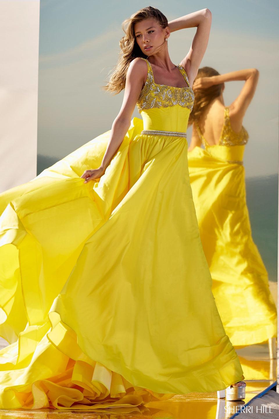 sherri hill taffeta ball gown with beaded neckline and corset bodice