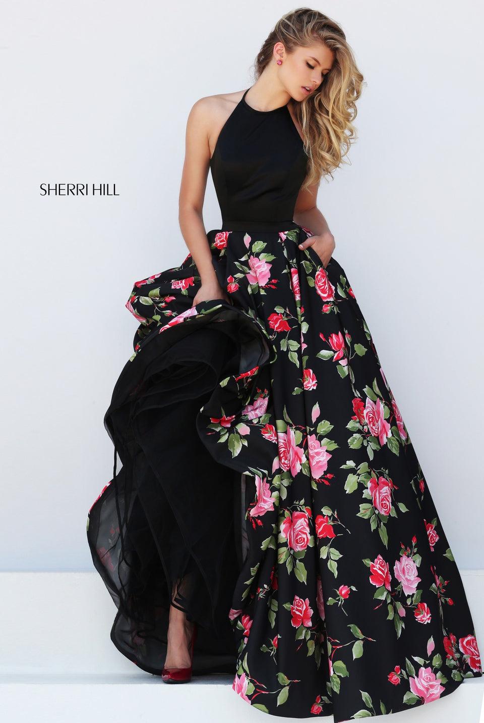 Sherri Hill Taffeta Ball Gown With Halter Bodice And Floral Print Skirt