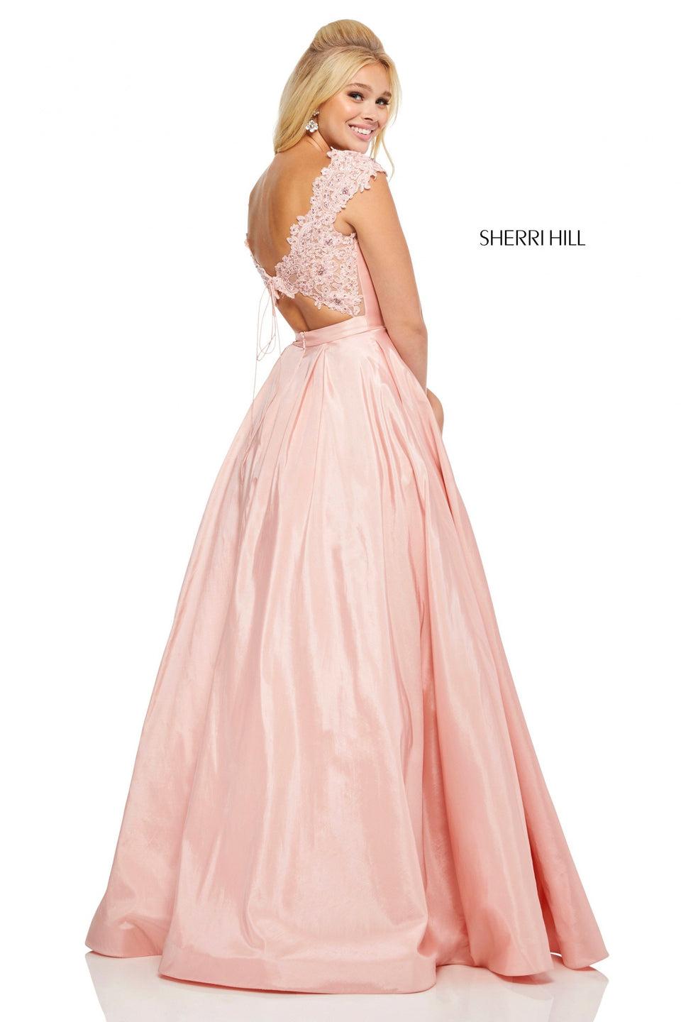 Sherri Hill Taffeta Ball Gown With Lace Cap Sleeve Bodice And Cut Out Back With Tie