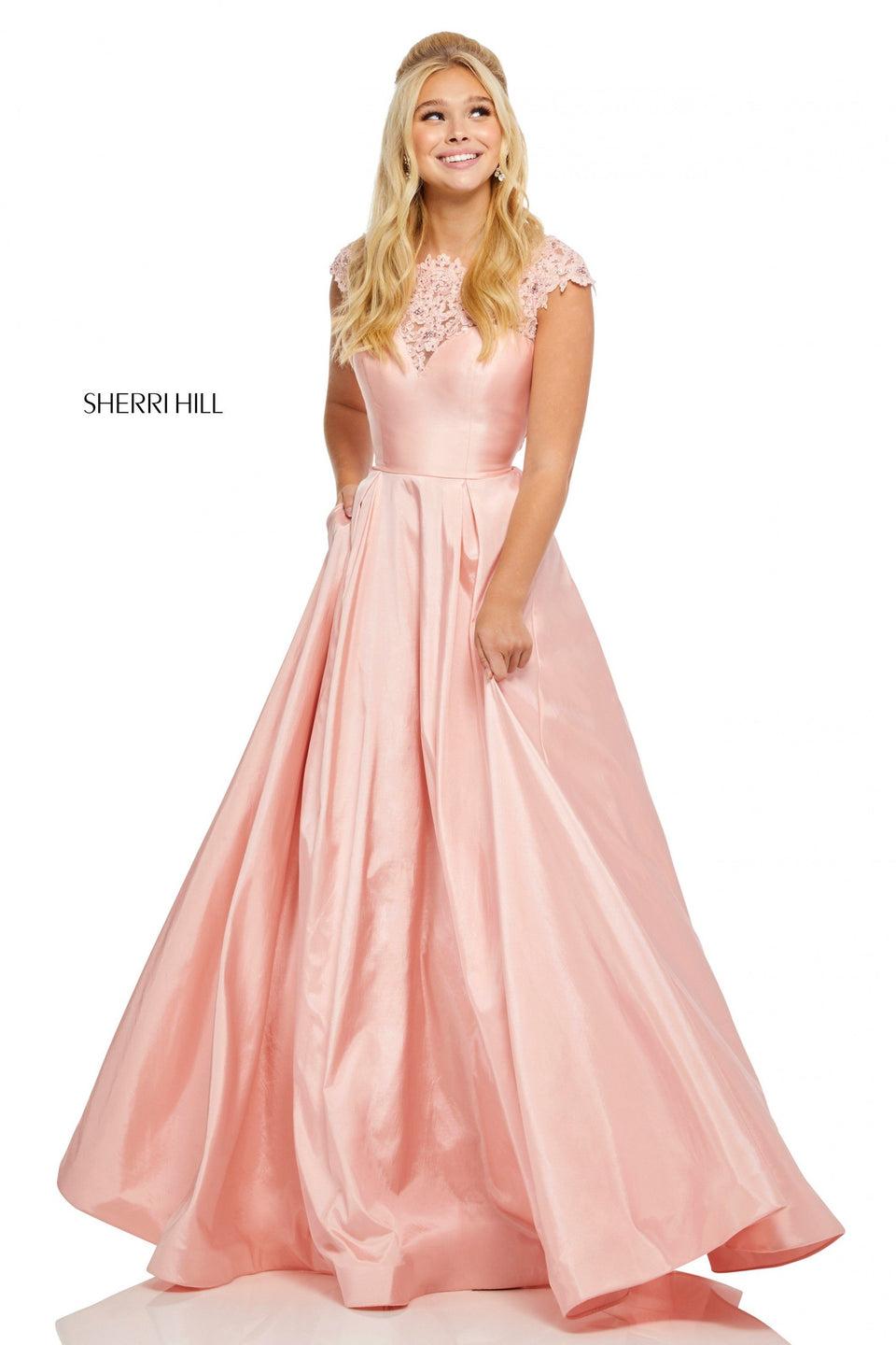 sherri hill Taffeta ball gown with lace cap sleeve bodice and cut out back with tie