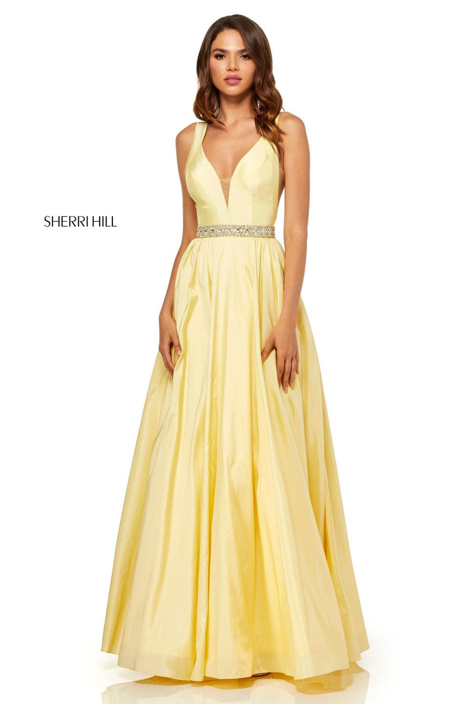 sherri hill Taffeta ball gown with V-neck bodice and beaded waist band