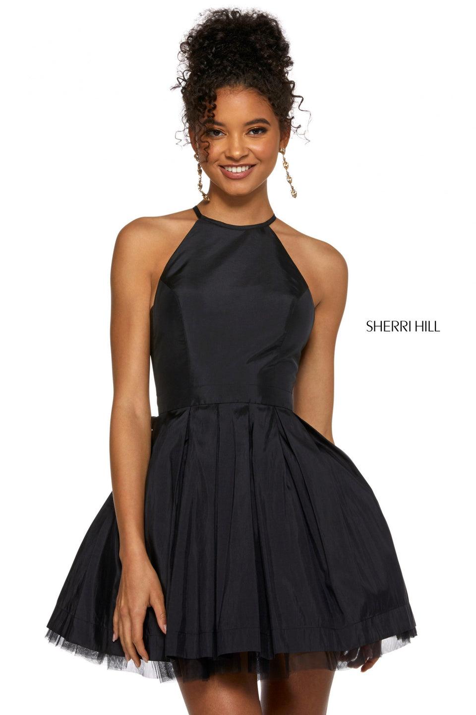 sherri hill Taffeta cocktail dress with high halter style neckline illusion side cut outs and full A-line skirt