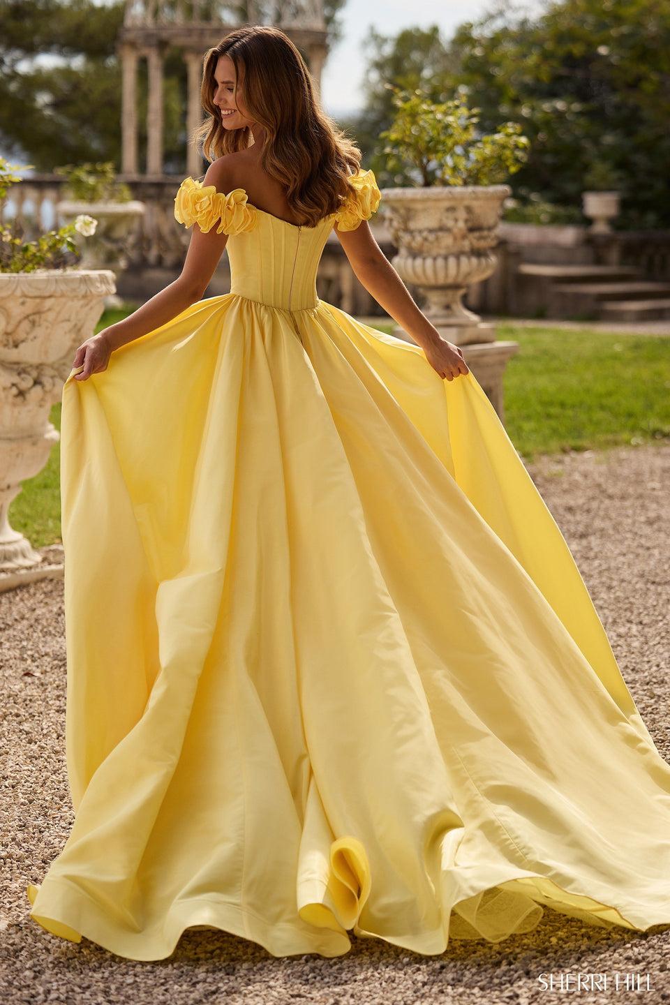 Sherri Hill Taffeta Gown With Off The Shoulder 3D Flower And Over Skirt