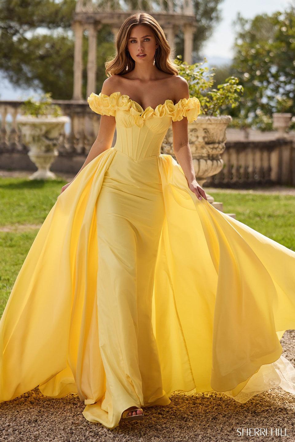 sherri hill Taffeta gown with off the shoulder 3D flower and over skirt sherri hill Taffeta gown with off the shoulder 3D flower and over skirt
