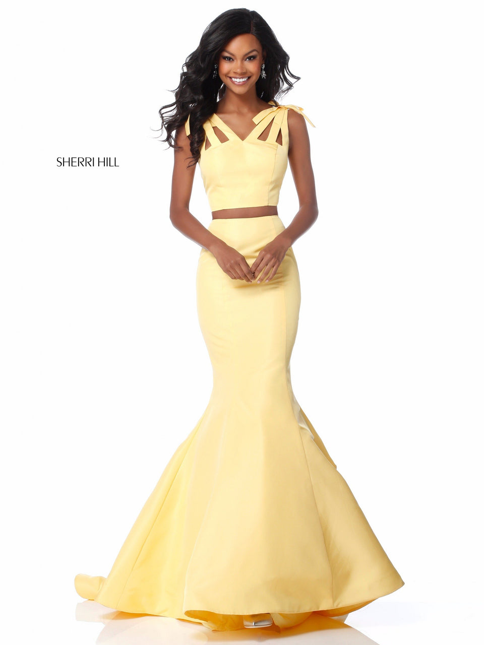 Sherri Hill Taffeta Mermaid Two Piece With Bows On The Shoulder