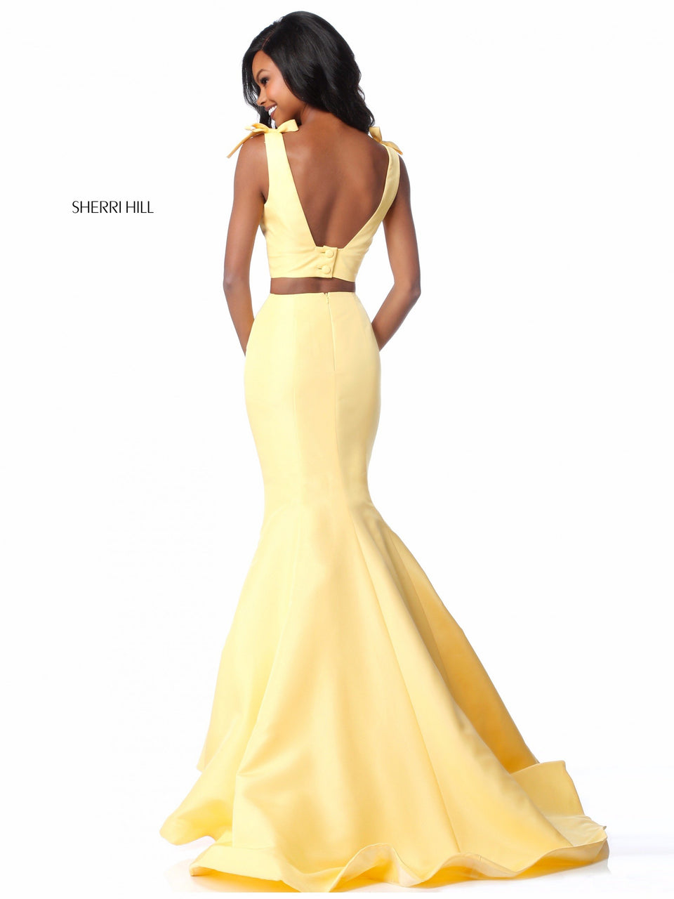 Sherri Hill Taffeta Mermaid Two Piece With Bows On The Shoulder