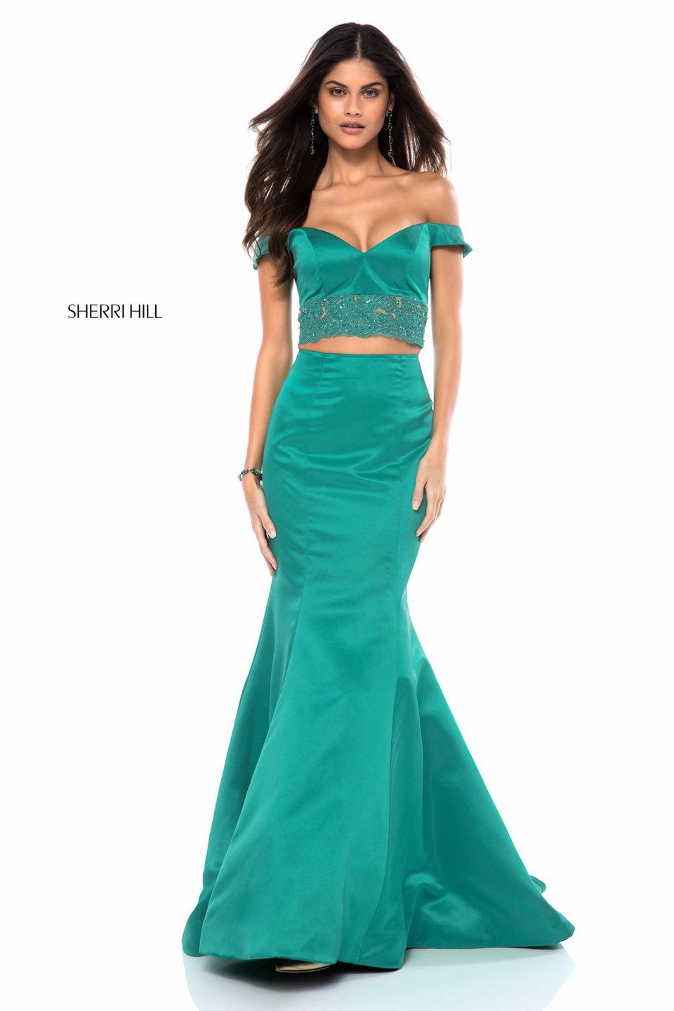 sherri hill Taffeta mermaid two piece with sweetheart lace appliqued bodice and off shoulder straps sherri hill Taffeta mermaid two piece with sweetheart lace appliqued bodice and off shoulder straps