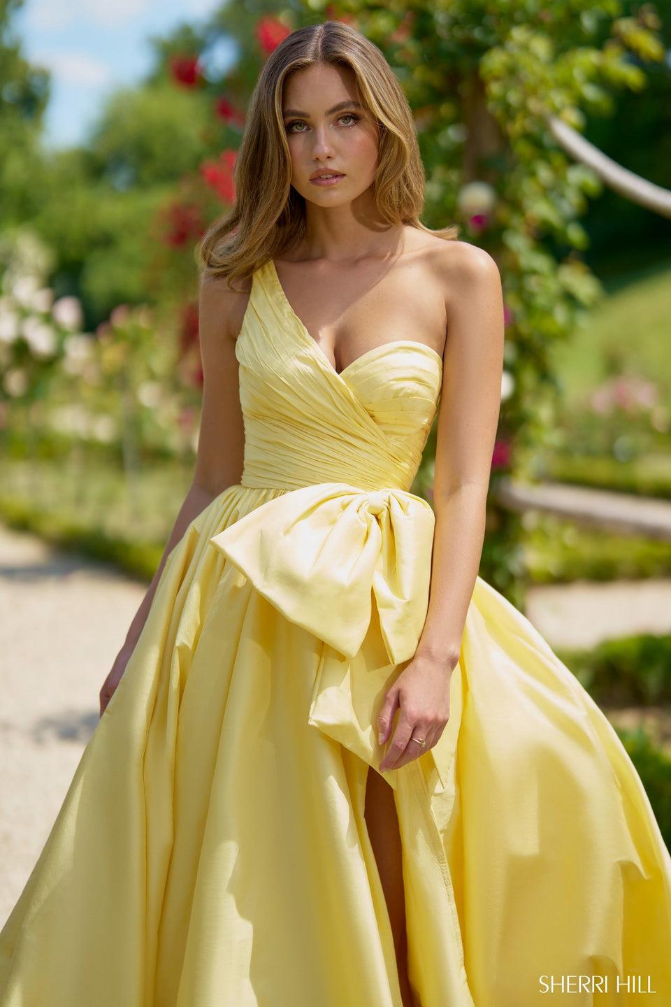 Sherri Hill Taffeta One Shoulder A-Line With Skirt Slit