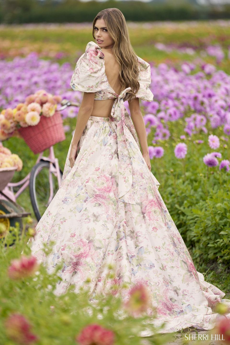 sherri hill Taffeta two-piece floral gown with balloon sleeves sherri hill Taffeta two-piece floral gown with balloon sleeves