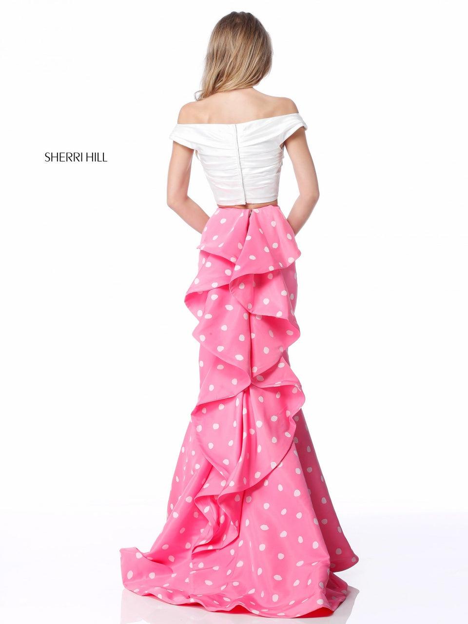 Sherri Hill Taffeta Two Piece With Off-the-shoulder Bodice And Polka Dot Mermaid Skirt