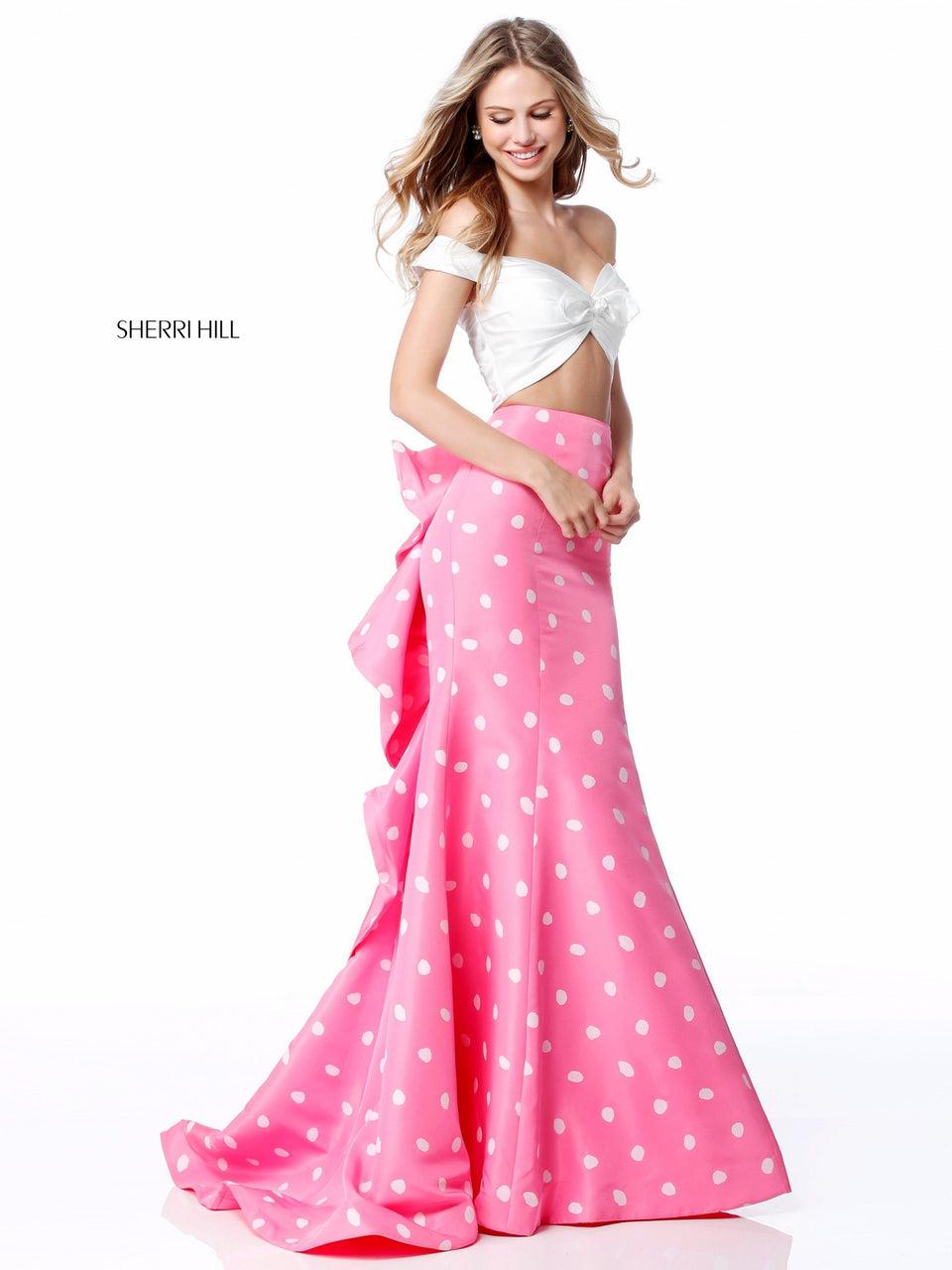 Sherri Hill Taffeta Two Piece With Off-the-shoulder Bodice And Polka Dot Mermaid Skirt