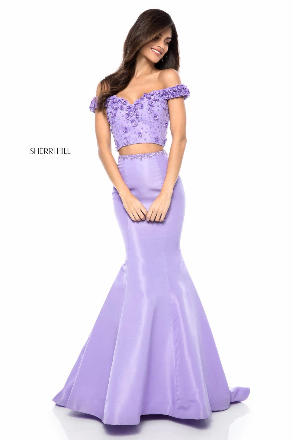 Sherri Hill Taffeta Two Piece With Off-the-shoulder Flower Appliqued Bodice And Mermaid Skirt