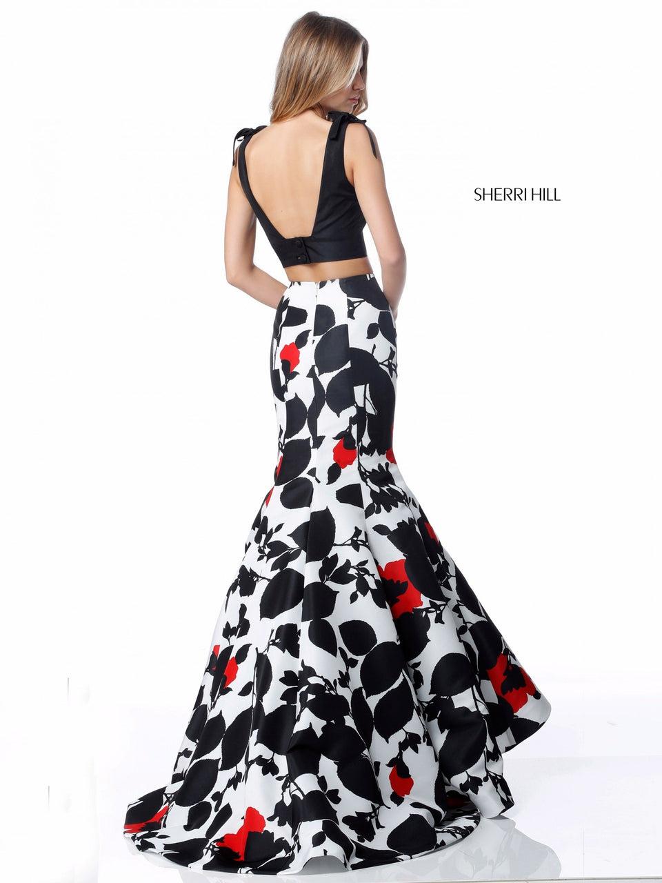 Sherri Hill Taffeta Two Piece With Solid Color Bodice And Floral Print Mermaid Skirt