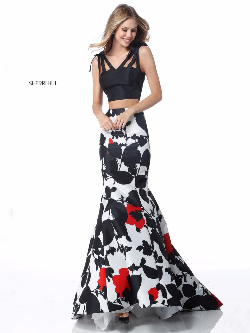 Sherri Hill Taffeta Two Piece With Solid Color Bodice And Floral Print Mermaid Skirt