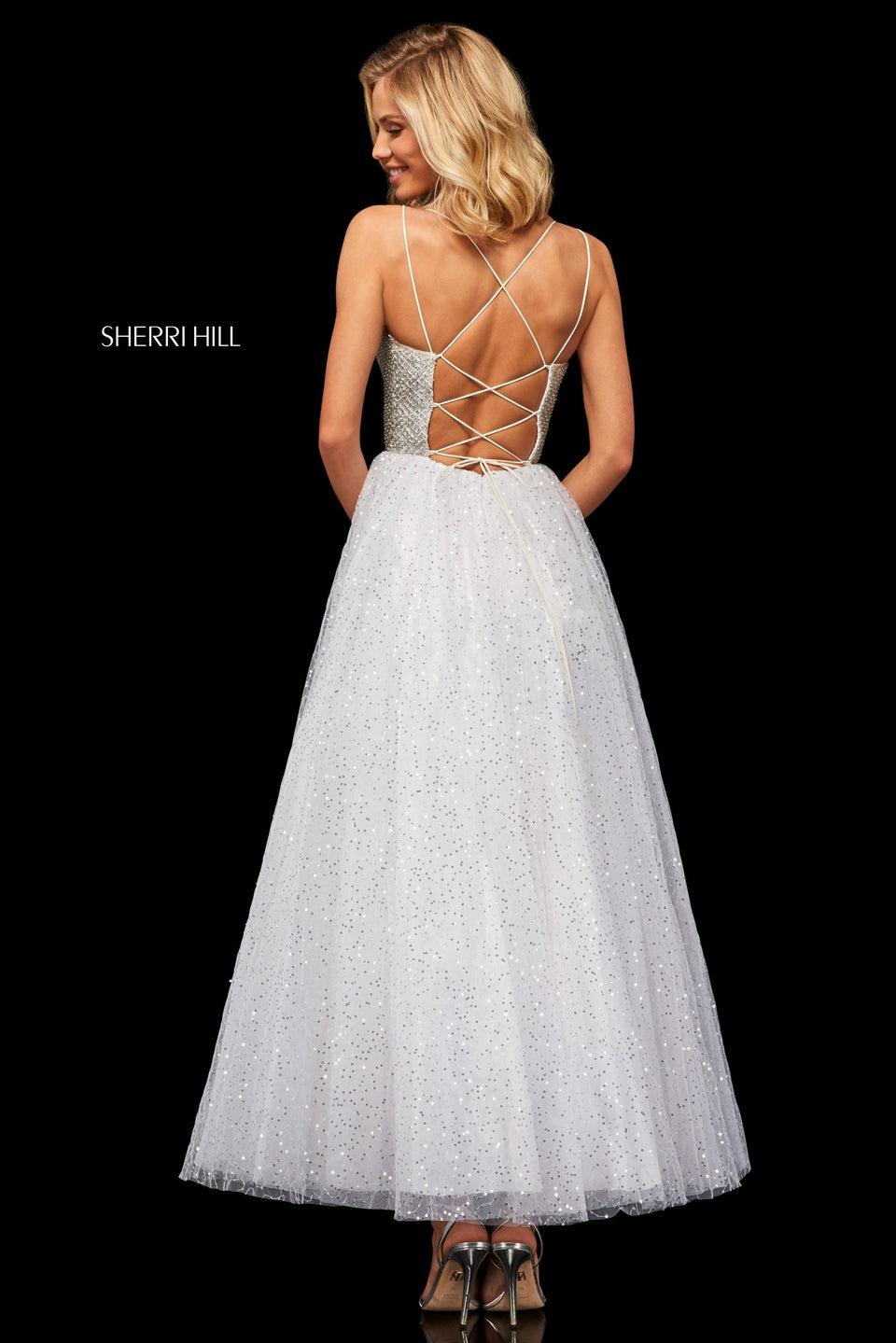 Sherri Hill Tea Length A-line With Sequin Tulle Skirt And Jewel Encrusted Bodice With Lace Up Back