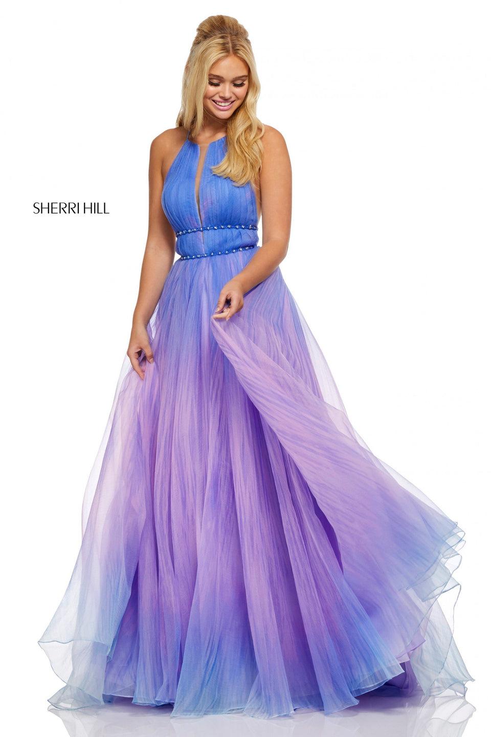 Sherri Hill Textured Ombre Organza Ball Gown With Ruched High Neck Bodice And Sheer Sides