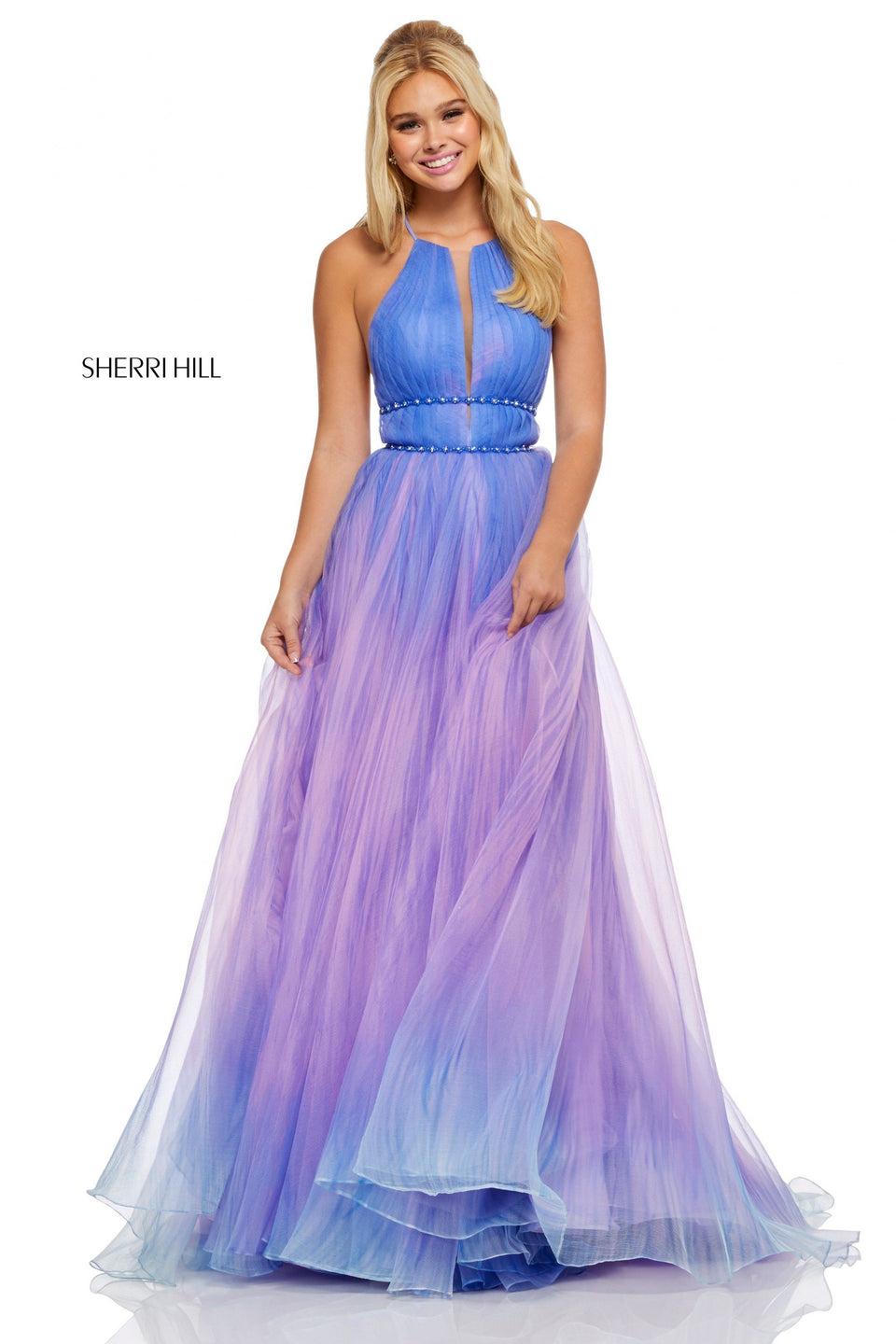 sherri hill Textured ombre organza ball gown with ruched high neck bodice and sheer sides