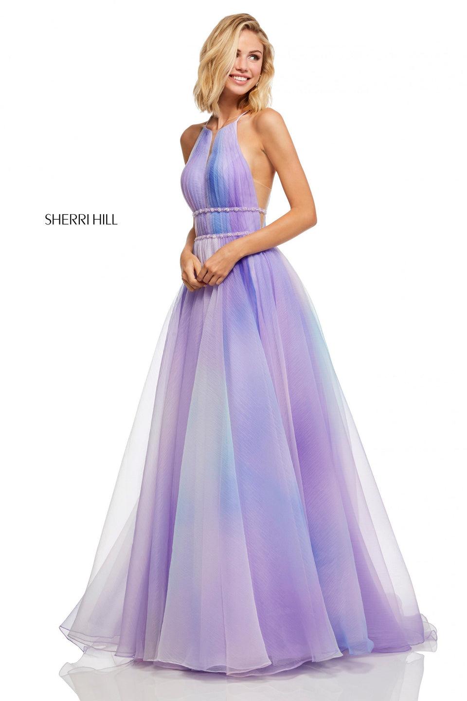 sherri hill Textured ombre organza ball gown with ruched high neck bodice and sheer sides