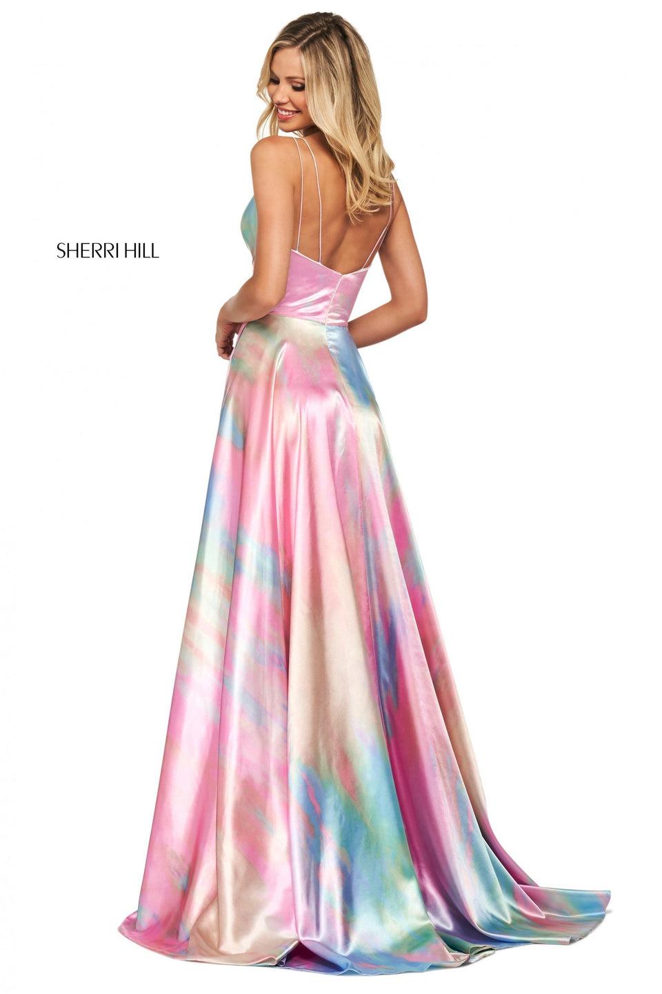 Sherri Hill Tie-dye Print Charmeuse Gown With V Neck Wrap Bodice Skirt Slit Pockets And Spaghetti Straps