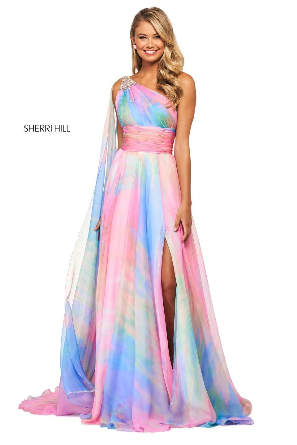 Sherri Hill Tie Dye Print Chiffon Gown With Ruched One Shoulder Neckline And Waistband With Embellished Shoulder Detailing And Chiffon Train