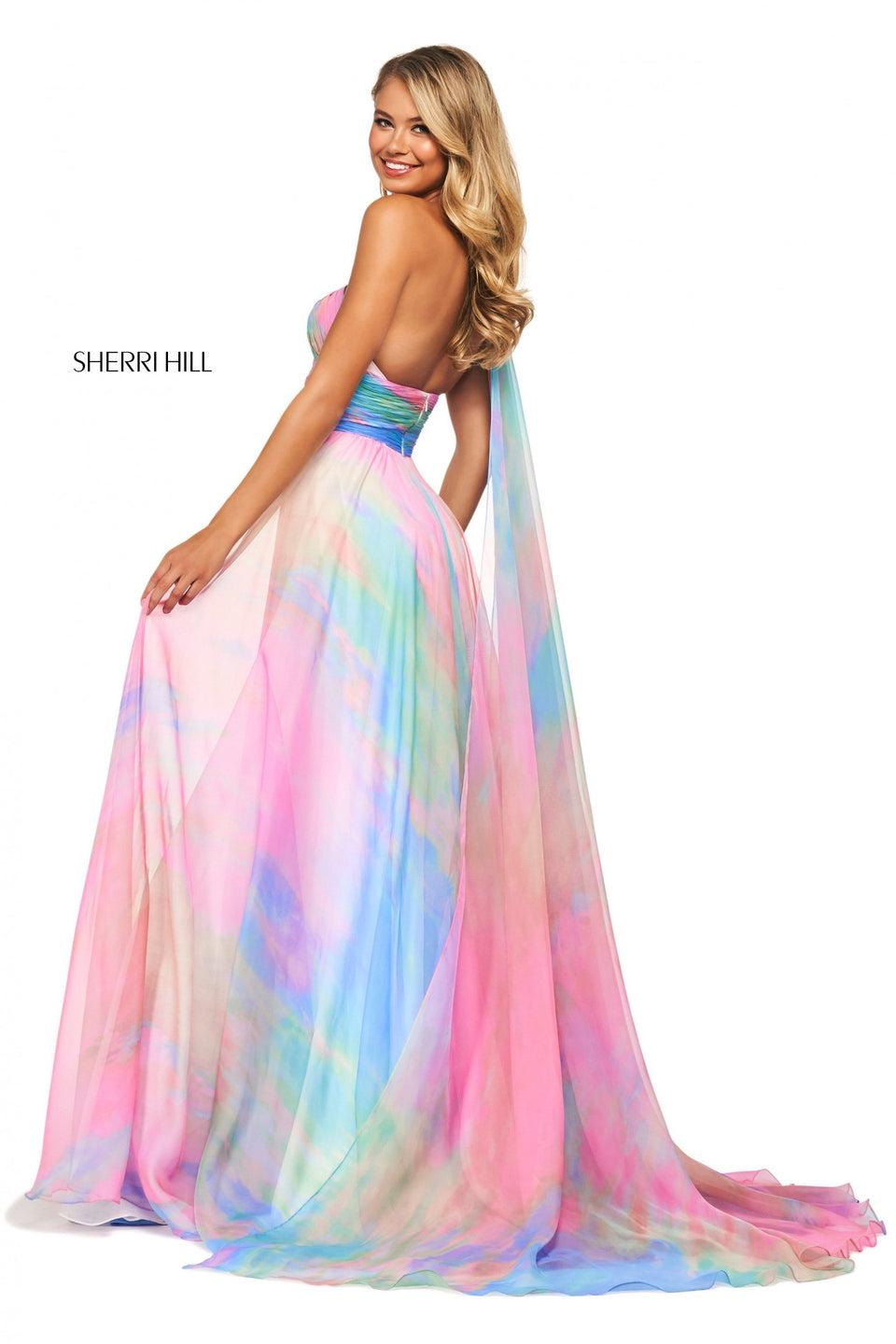 Sherri Hill Tie Dye Print Chiffon Gown With Ruched One Shoulder Neckline And Waistband With Embellished Shoulder Detailing And Chiffon Train