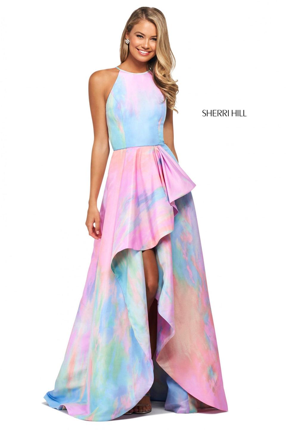 sherri hill Tie-dye print mikado A-line dress with ruffled skirt slit and high cut halter style neckline with back cut out sherri hill Tie-dye print mikado A-line dress with ruffled skirt slit and high cut halter style neckline with back cut out