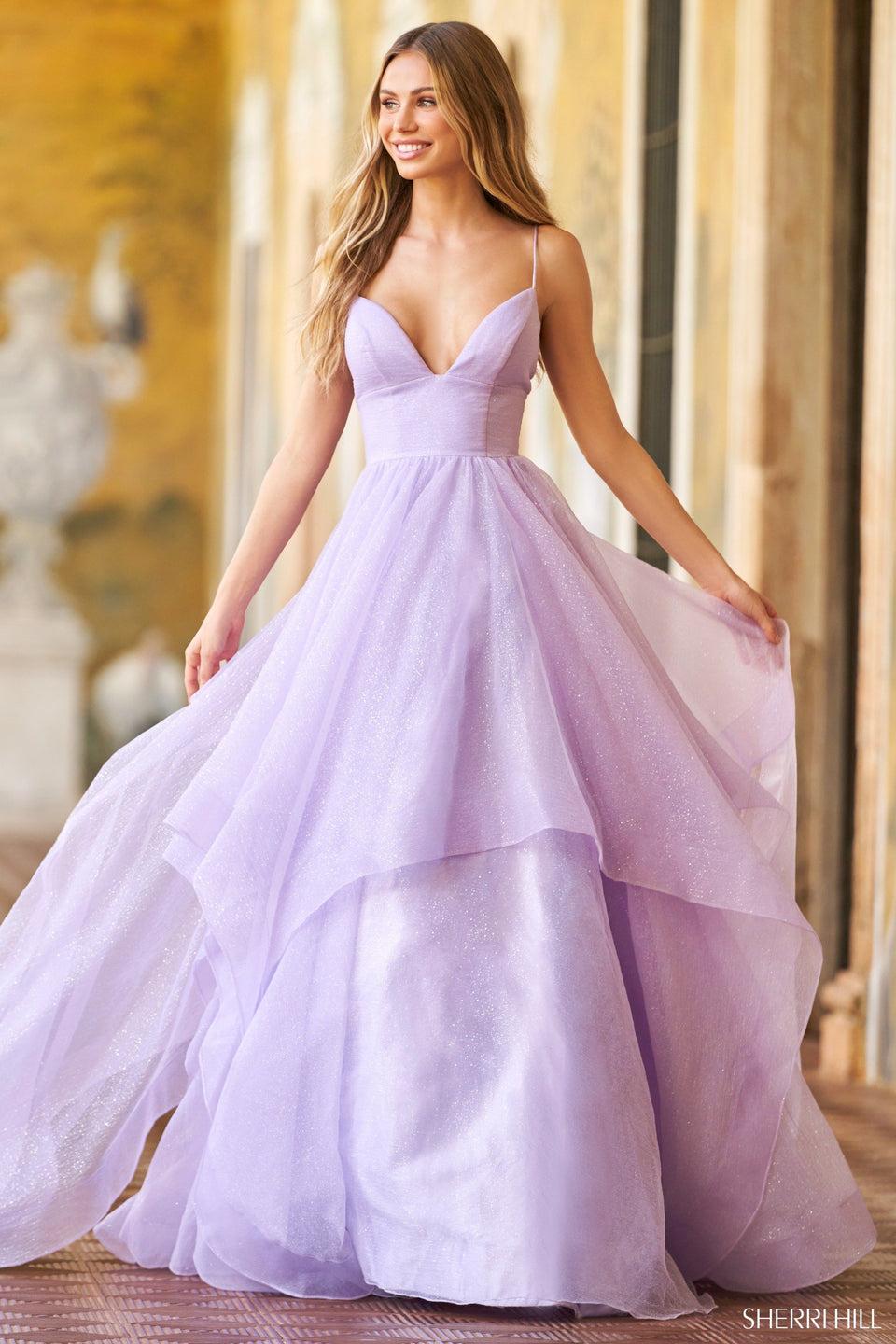 sherri hill Tiered glitter organza ball gown with deep sweetheart neckline and corset style lace up back