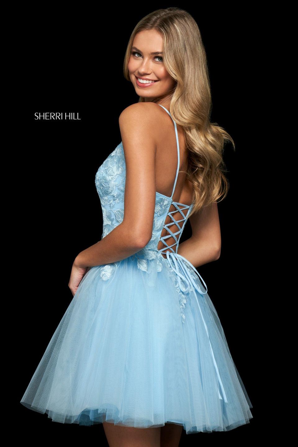 Sherri Hill Tulle A-line Cocktail Dress With Lace Embroidered Bodice With Deep V Sweetheart Neckline And Corset Style Lace Up Back