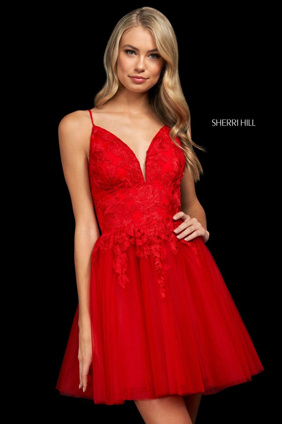 Sherri Hill Tulle A-line Cocktail Dress With Lace Embroidered Bodice With Deep V Sweetheart Neckline And Corset Style Lace Up Back