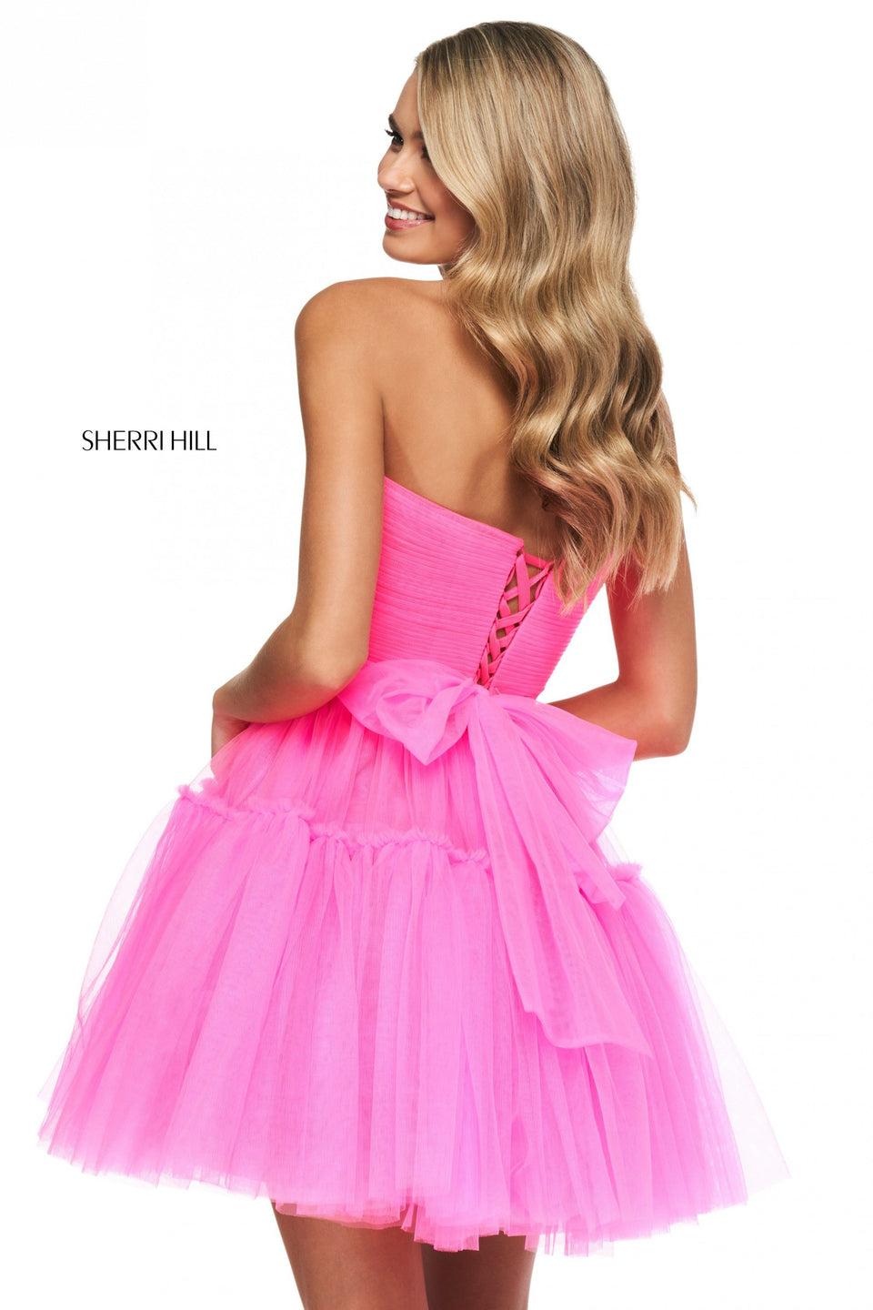 Sherri Hill Tulle A-line Cocktail Length Dress With Strapless Neckline And Corset Style Lace Up Back