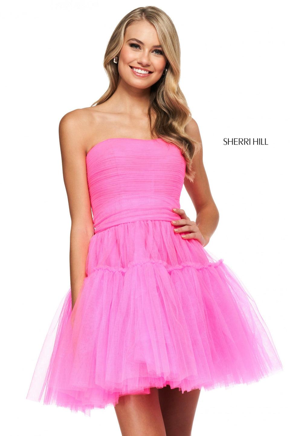 sherri hill Tulle A-line cocktail length dress with strapless neckline and corset style lace up back
