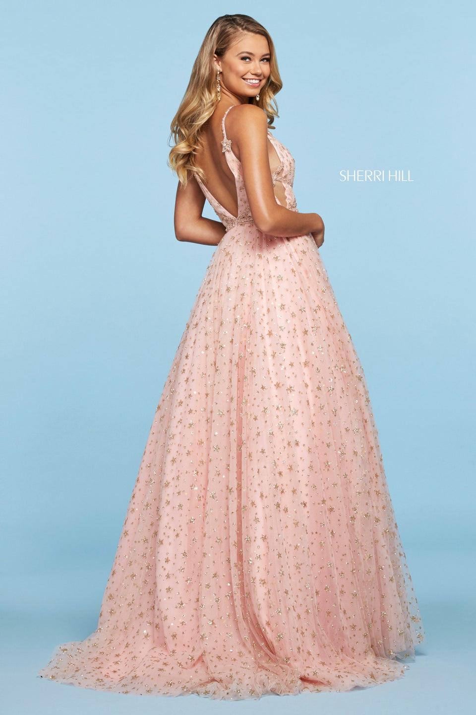 Sherri Hill Tulle A-line Dress With Glitter Stars Deep V Neckline Beaded Criss Cross Belt And Star Appliques On Straps