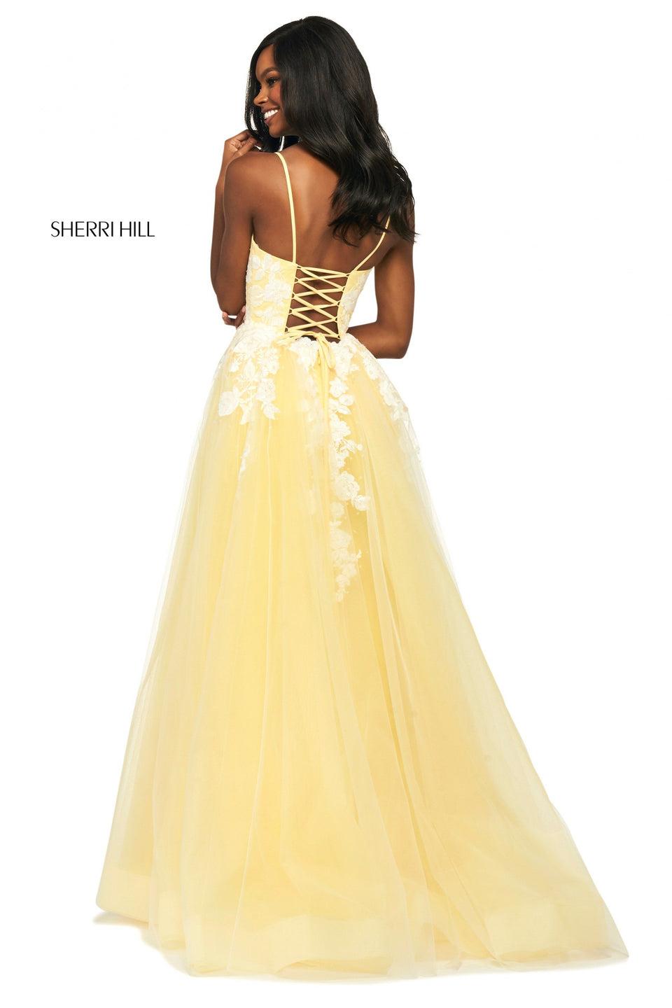 Sherri Hill Tulle A-line Dress With Lace Bodice With Deep Sweetheart Neckline And Corset Style Lace Up Back