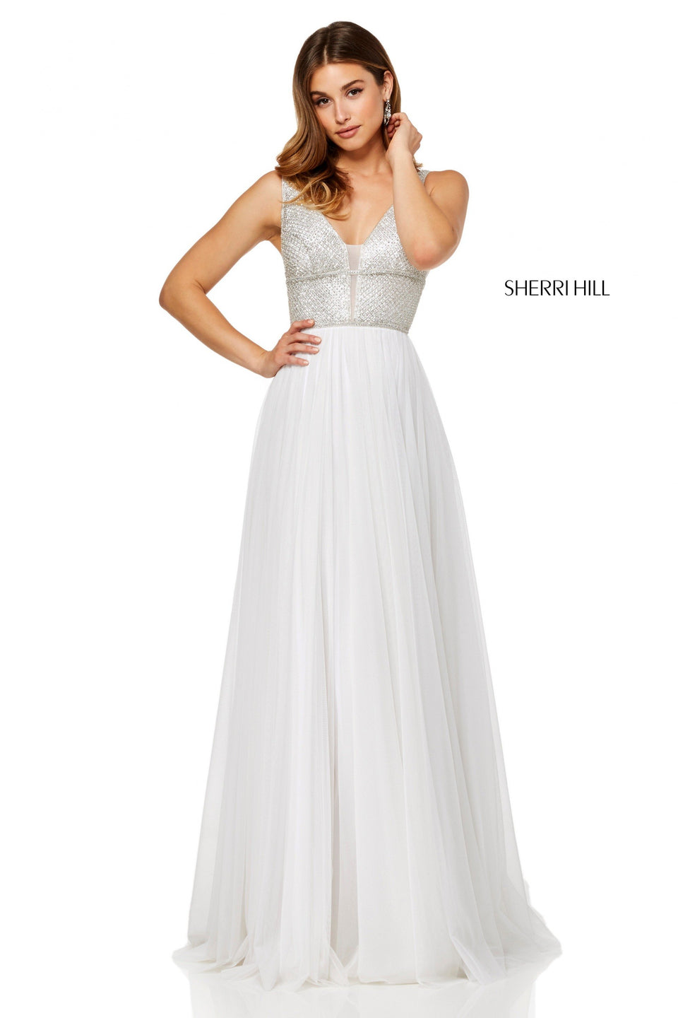 Sherri Hill Tulle A-line Gown With A Beaded V-neck Bodice