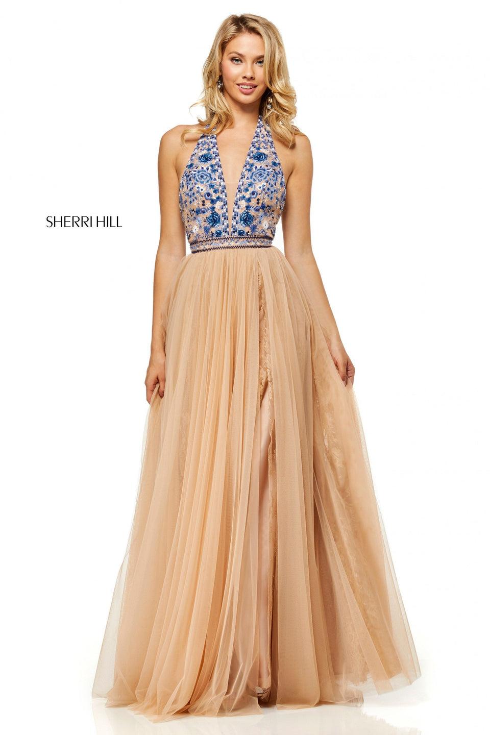 Sherri Hill Tulle A-line Gown With A Embroidered Halter Bodice